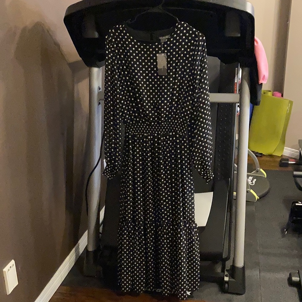 Long sleeve polka dot smoked maxi dress